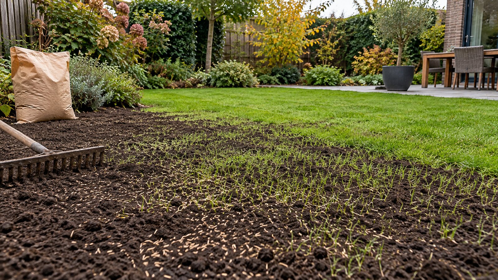 Voorbereide tuingrond met ingezaaid en opkomend gras in een groene achtertuin