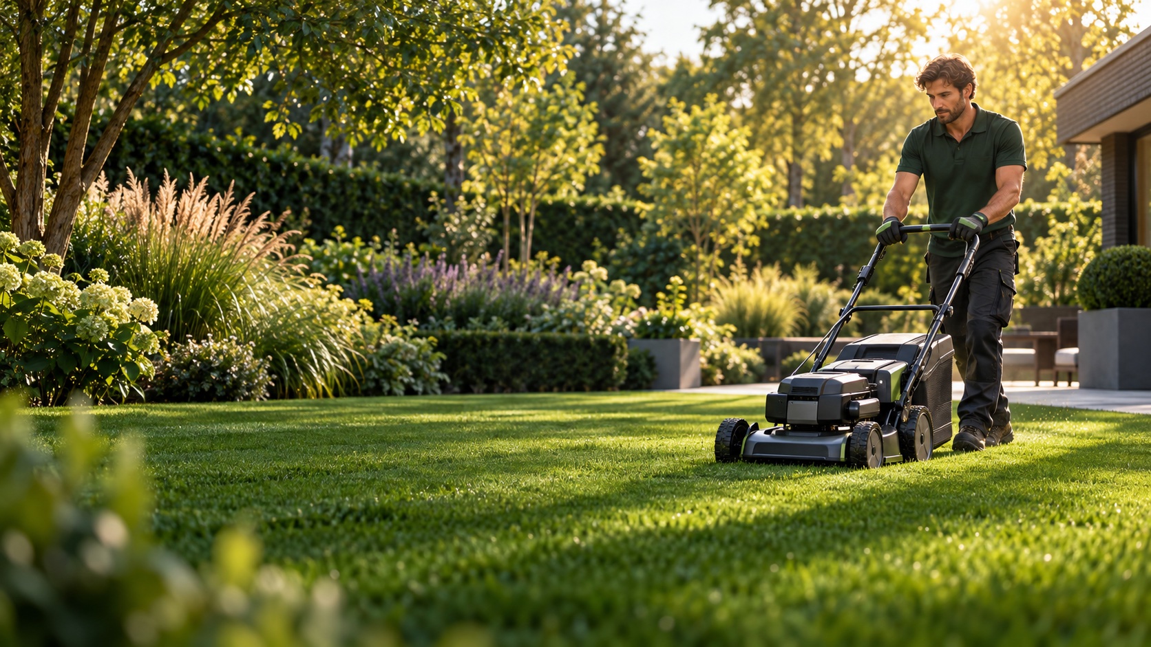 Moderne groene tuin met gazon, borders en terras